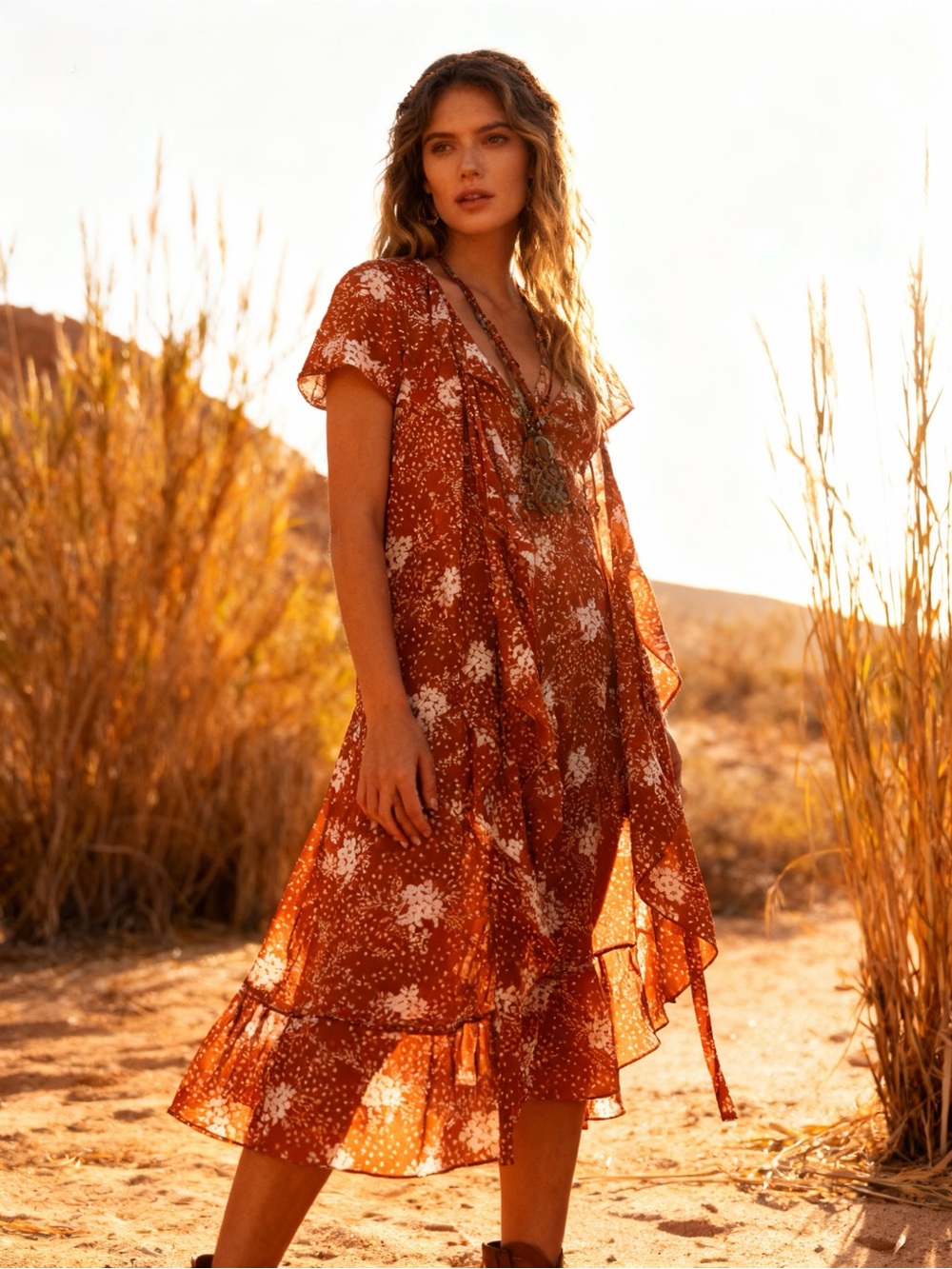Rust Floral V-Neck Tiered kimono